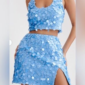 Meshki 2 piece set powder blue sequin top and skirt size S Small